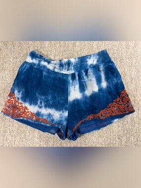 THML Blue and White Tie-Dye Swim Coverup Shorts with Orange Embroidery
